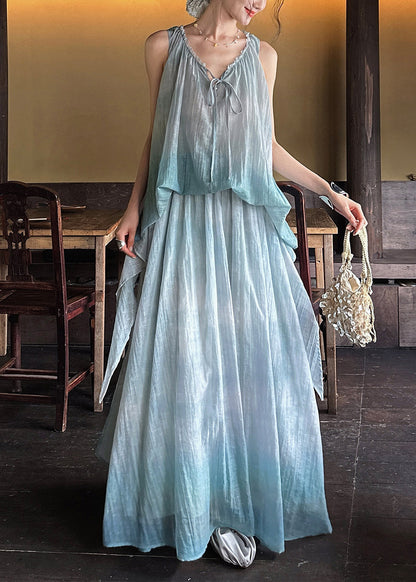 Ruffled Up Linen Dresses Long Blue Sleeveless Silk Lace