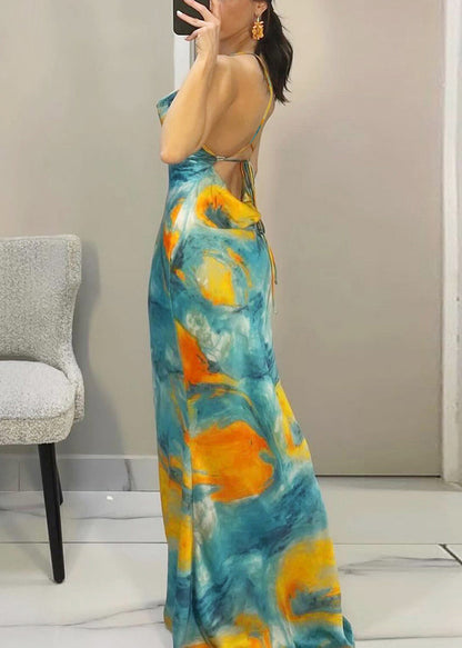 Strap Blue Up Dress Backless Sleeveless Lace Spaghetti