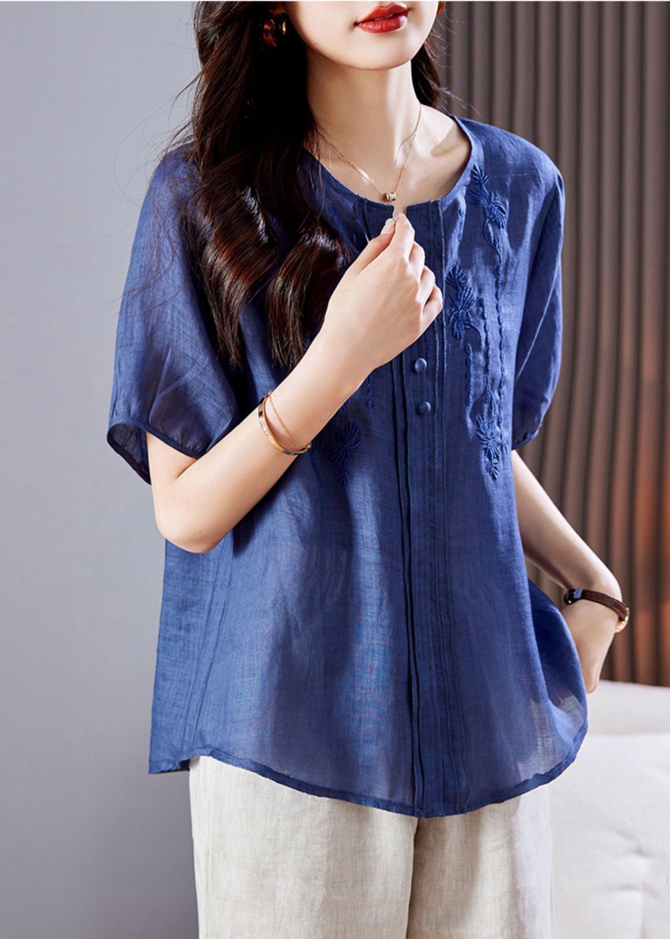 Embroidered Top Blue Linen Summer Wrinkled