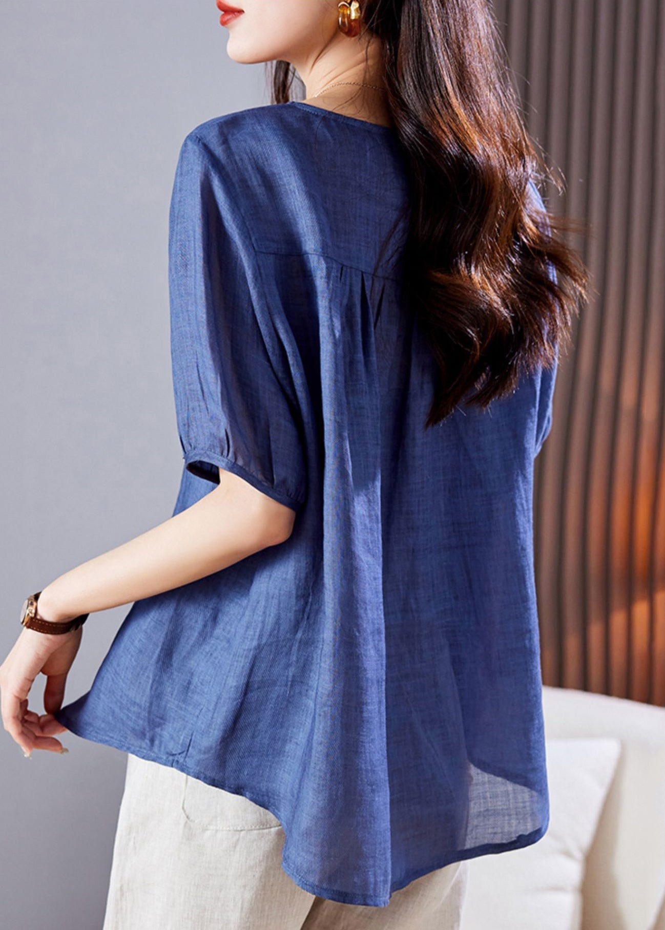 Embroidered Top Blue Linen Summer Wrinkled