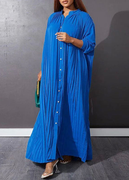 Blue O-Neck Button Vacation Maxi Dresses Long Sleeve VB1037
