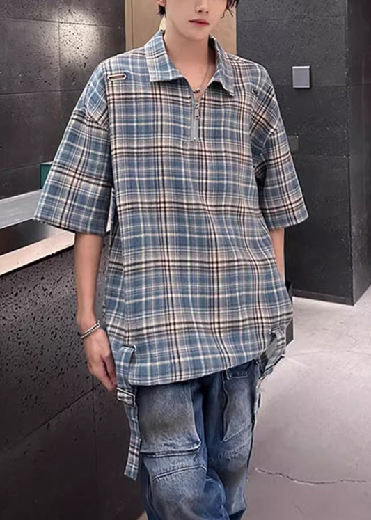 Summer Blue Shirts Peter Plaid Up Cotton Collar Zip Pan Men