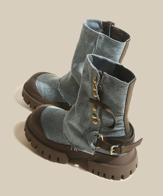 Cowhide Leather Denim Platform Boots Splicing Blue