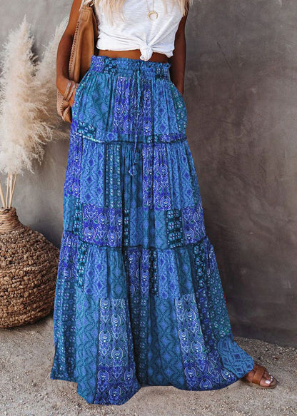 Skirts Pockets Maxi Waist Blue Elastic Summer