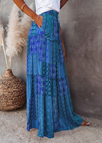 Skirts Pockets Maxi Waist Blue Elastic Summer