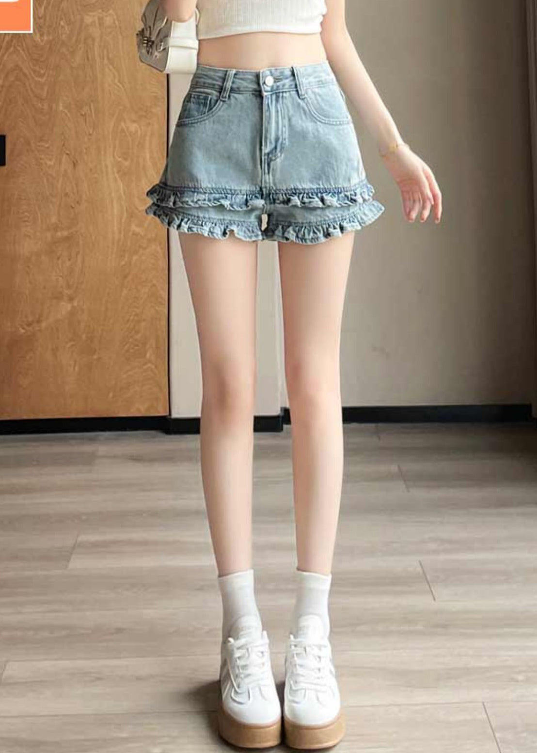 Summer Denim Shorts Blue Waist Ruffled High Pockets
