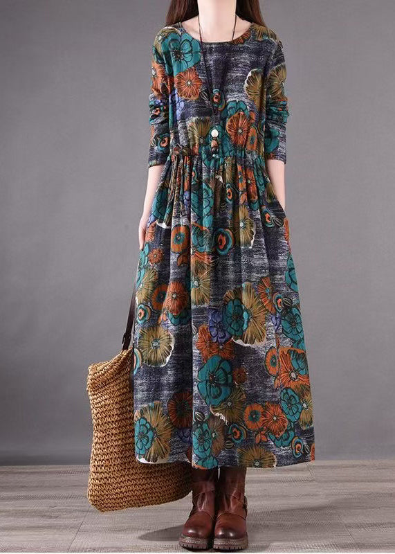 Print Silm Long Blue Dresses Fit Cinched Spring