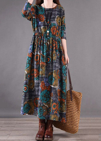 Print Silm Long Blue Dresses Fit Cinched Spring