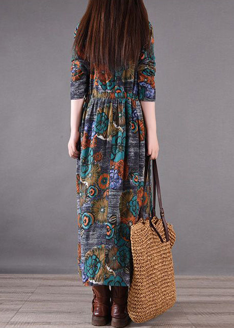 Print Silm Long Blue Dresses Fit Cinched Spring