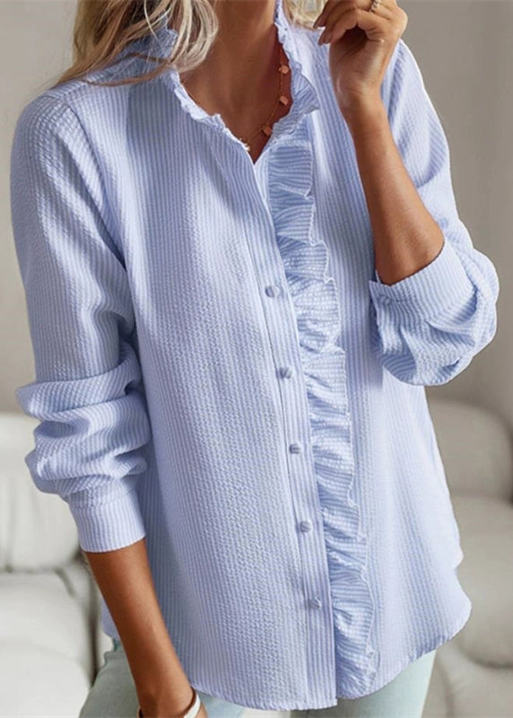 Shirt Blue Solid Puff Ruffled Patchwork Sleeve