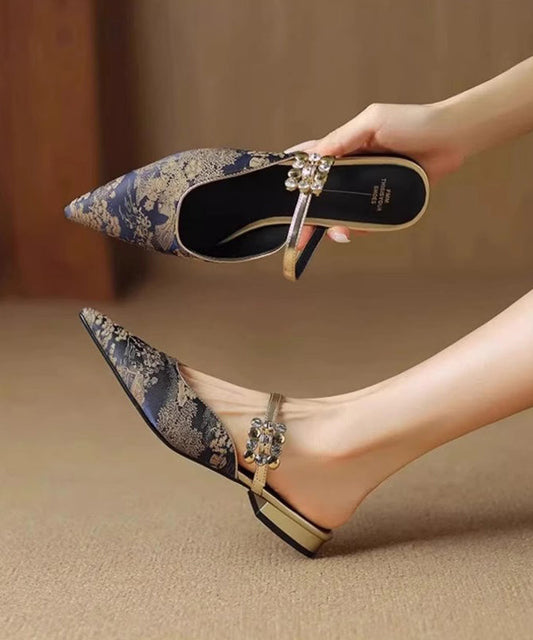 Toe Blue Slide Jacquard Pointed Sandals Zircon Splicing