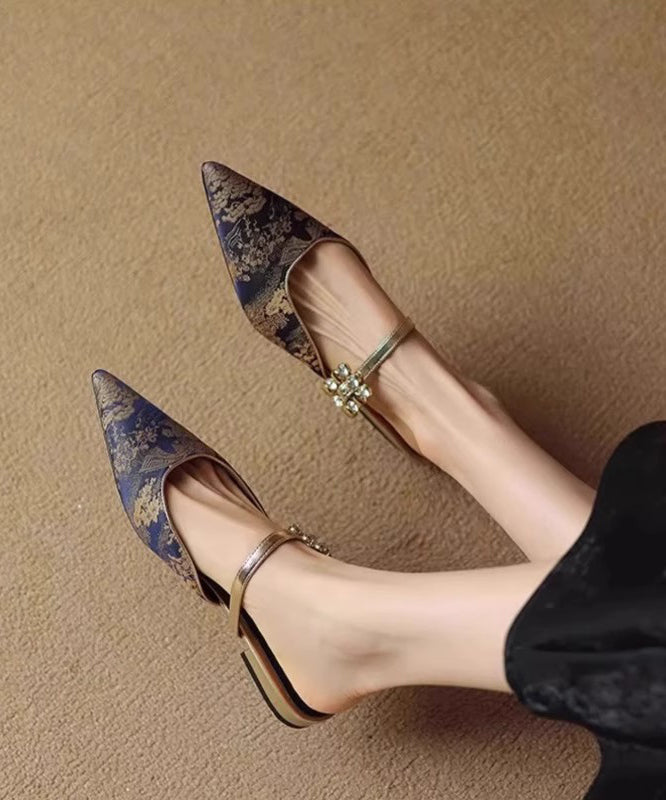 Toe Blue Slide Jacquard Pointed Sandals Zircon Splicing