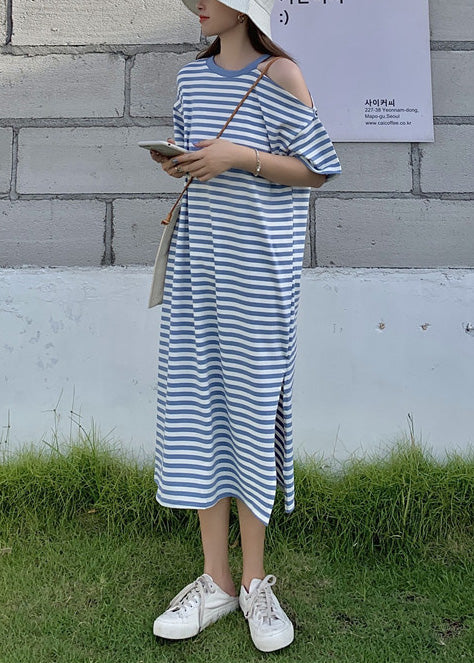 Cold Shoulder Cotton Blue Striped Robe Summer Dresses