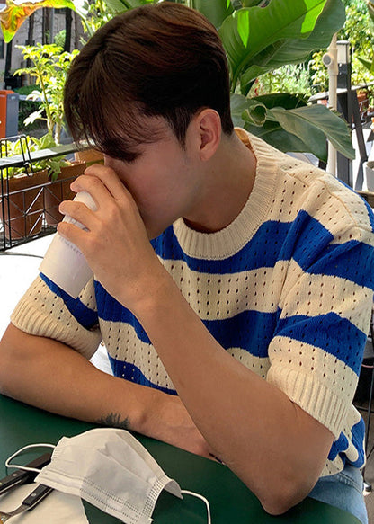 Mens Hollow Knit Shirts T Striped Blue Summer Graphic Out