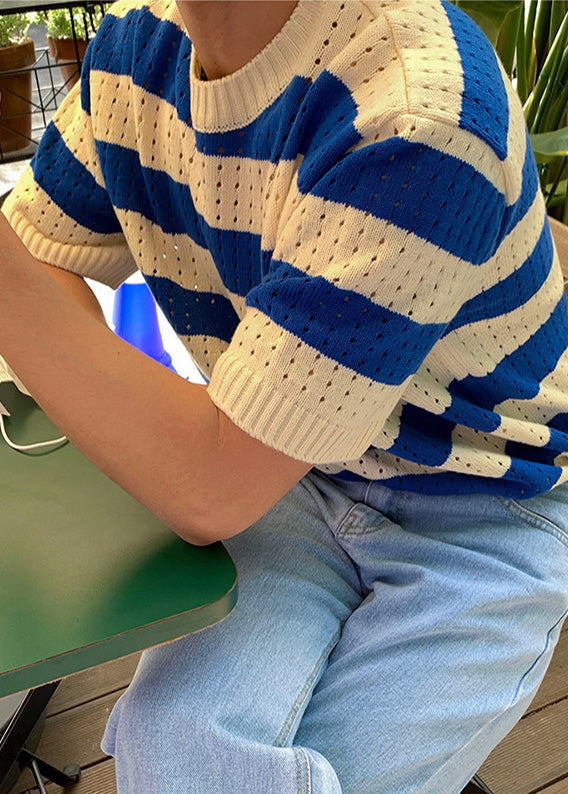 Mens Hollow Knit Shirts T Striped Blue Summer Graphic Out