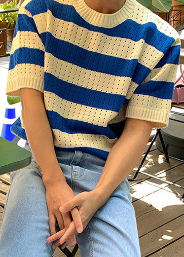 Mens Hollow Knit Shirts T Striped Blue Summer Graphic Out