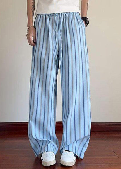Men Elastic Up Pants Lace Striped Summer Waist Blue Cotton