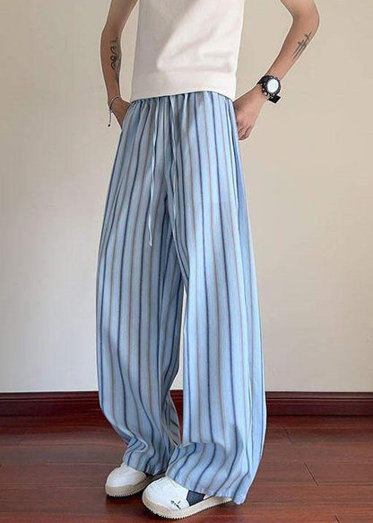 Men Elastic Up Pants Lace Striped Summer Waist Blue Cotton