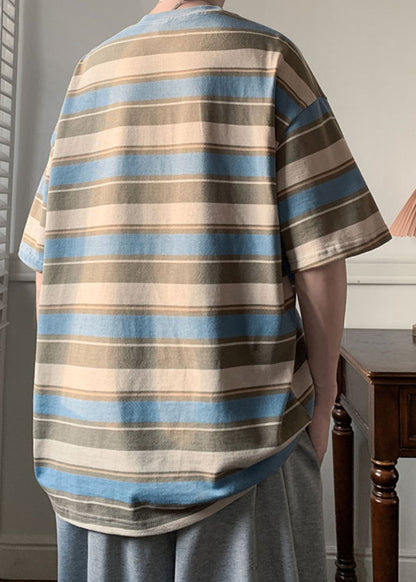 Summer Neck Cotton T O Letter Blue Striped Men Shirts