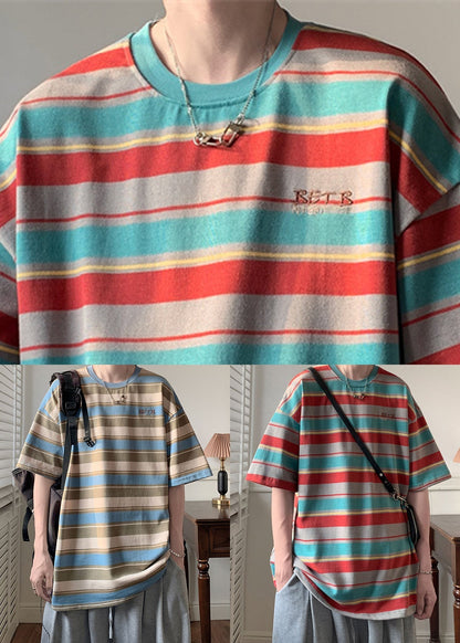 Summer Neck Cotton T O Letter Blue Striped Men Shirts