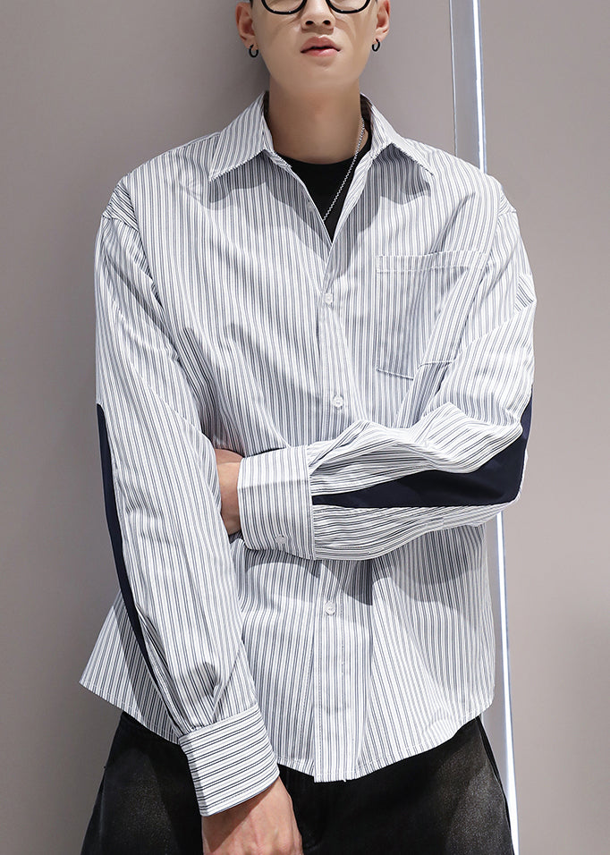 Collar Patchwork Shirts Peter Blue Cotton Striped Pockets Pan Men