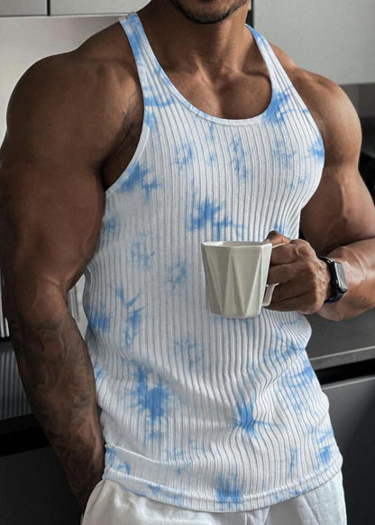 Striped O Sleeveless Tie Neck Blue Cotton Dye Tank