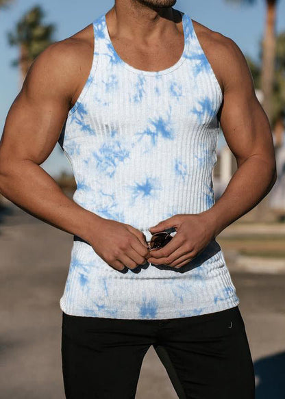 Striped O Sleeveless Tie Neck Blue Cotton Dye Tank