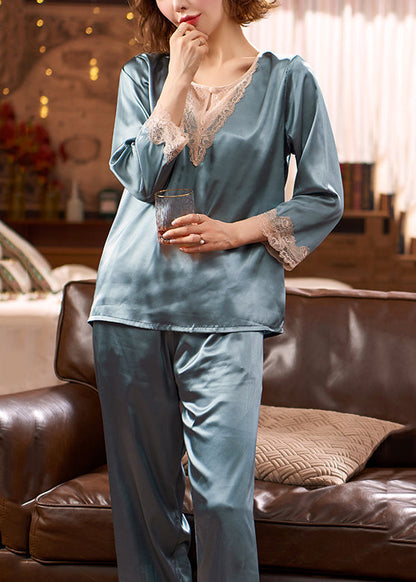 Set Blue Pajamas Neck And Pants Fall Tops Crop O Piece Two Silk