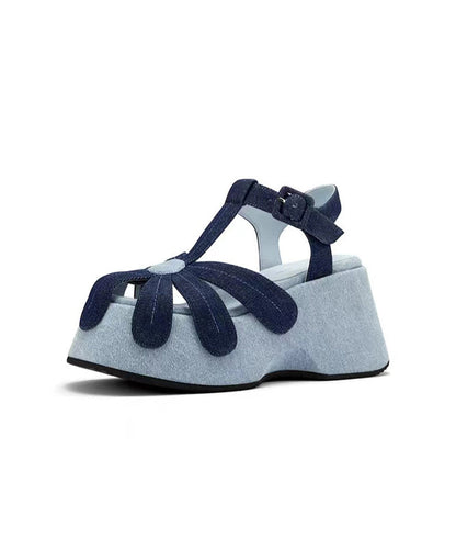Sandals Fabric Wedge Denim Out Blue Splicing Hollow Fashion