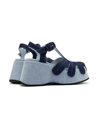 Sandals Fabric Wedge Denim Out Blue Splicing Hollow Fashion