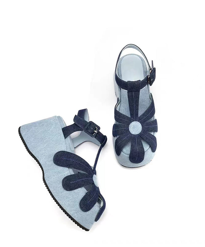 Sandals Fabric Wedge Denim Out Blue Splicing Hollow Fashion