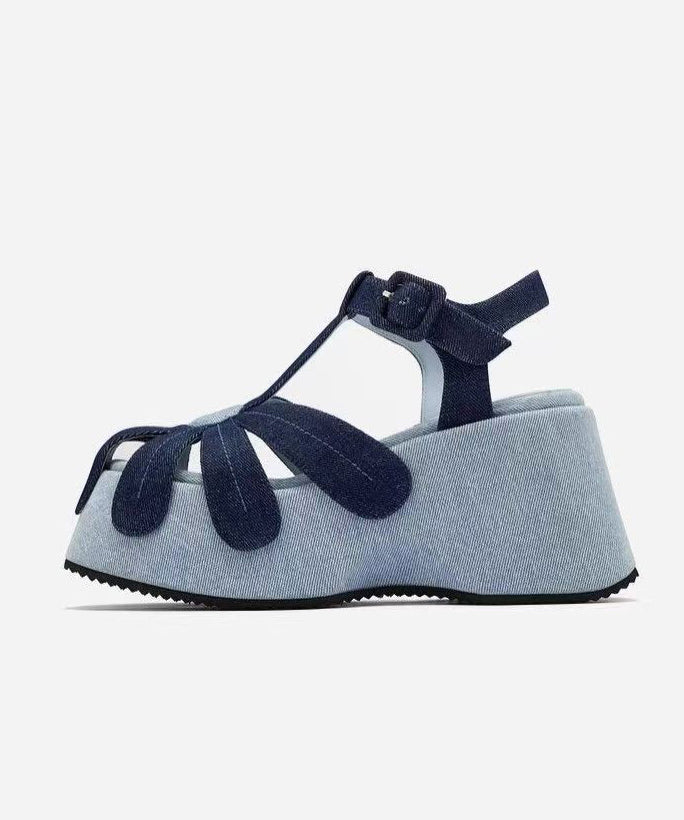 Sandals Fabric Wedge Denim Out Blue Splicing Hollow Fashion