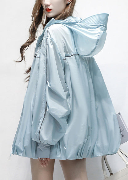 Zippered Blue Cotton Summer Hooded Pockets Thin Coats