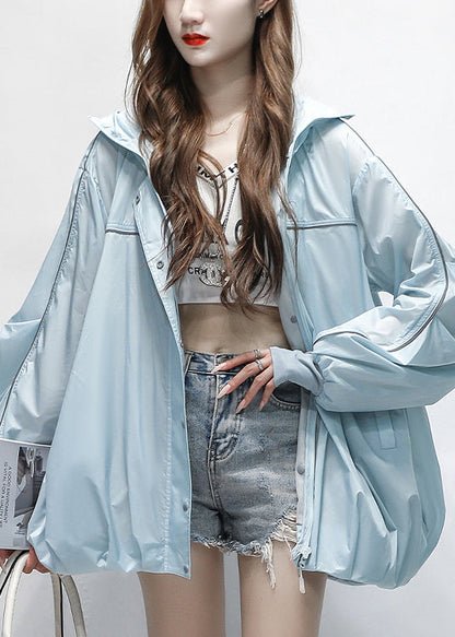 Zippered Blue Cotton Summer Hooded Pockets Thin Coats