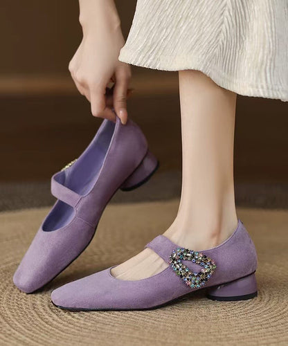 Zircon Chunky Buckle Shoes Suede Blue Splicing Strap