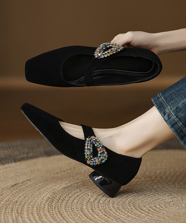 Zircon Chunky Buckle Shoes Suede Blue Splicing Strap