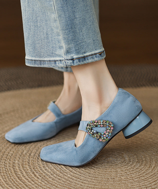 Zircon Chunky Buckle Shoes Suede Blue Splicing Strap
