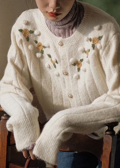 Bohemian Beige Embroidered Button Patchwork Knit Coats Fall TU047