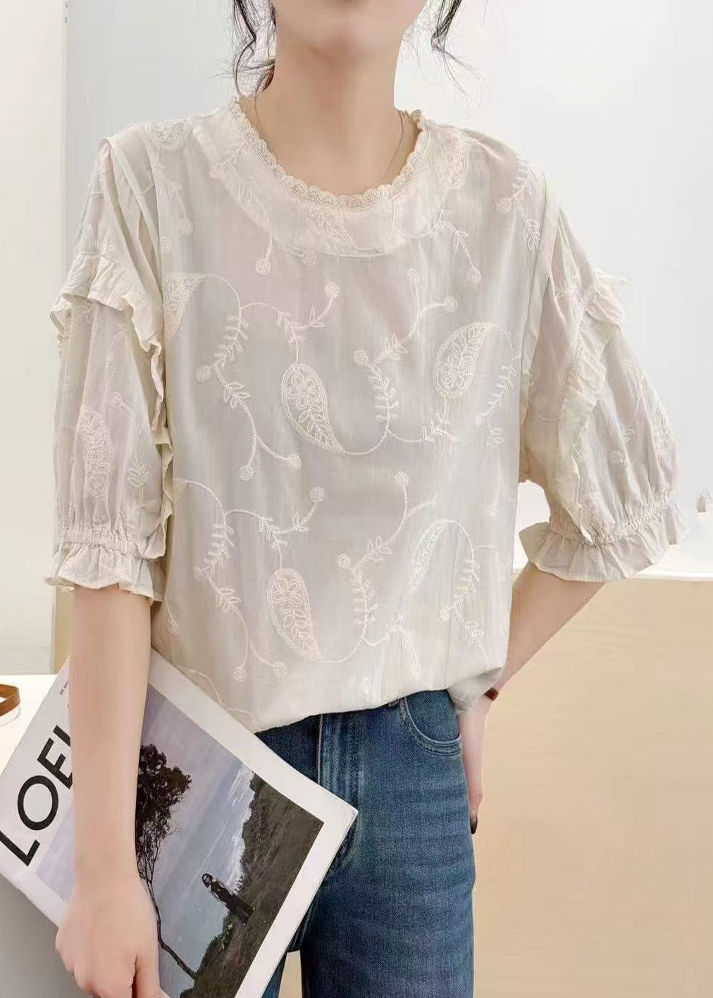 Beige Bohemian Tanks Embroideried Summer Cotton