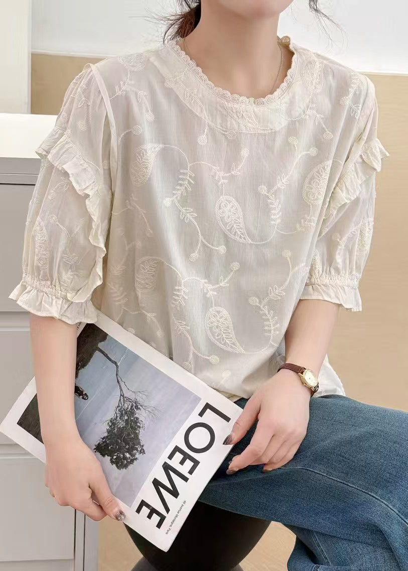 Beige Bohemian Tanks Embroideried Summer Cotton