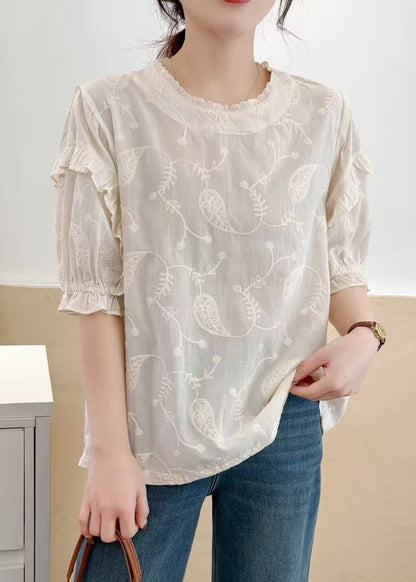 Beige Bohemian Tanks Embroideried Summer Cotton