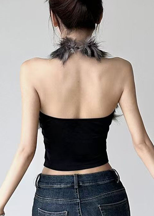 Out Black Hollow Bohemian Tanks Fluffy Sleeveless Patchwork