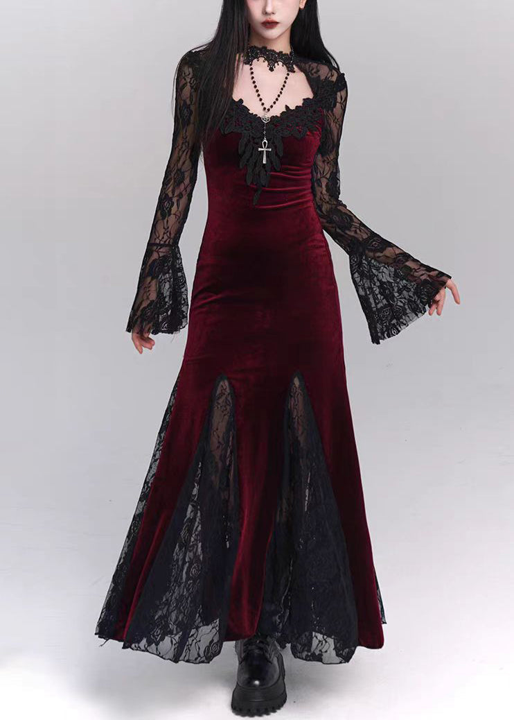 Bohemian Black Hollow Out Lace Patchwork Silk Velvet Maxi Dresses Flare Sleeve YT034