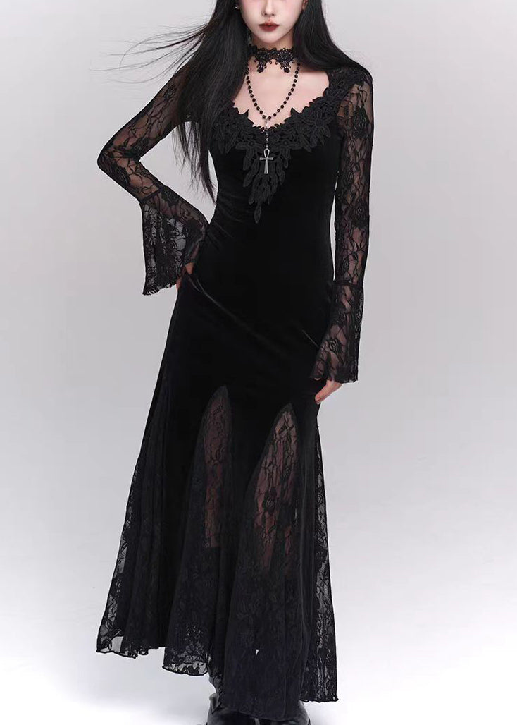 Bohemian Black Hollow Out Lace Patchwork Silk Velvet Maxi Dresses Flare Sleeve YT034