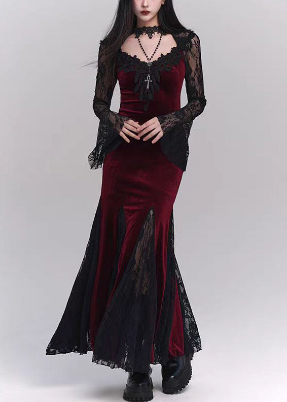 Bohemian Black Hollow Out Lace Patchwork Silk Velvet Maxi Dresses Flare Sleeve YT034