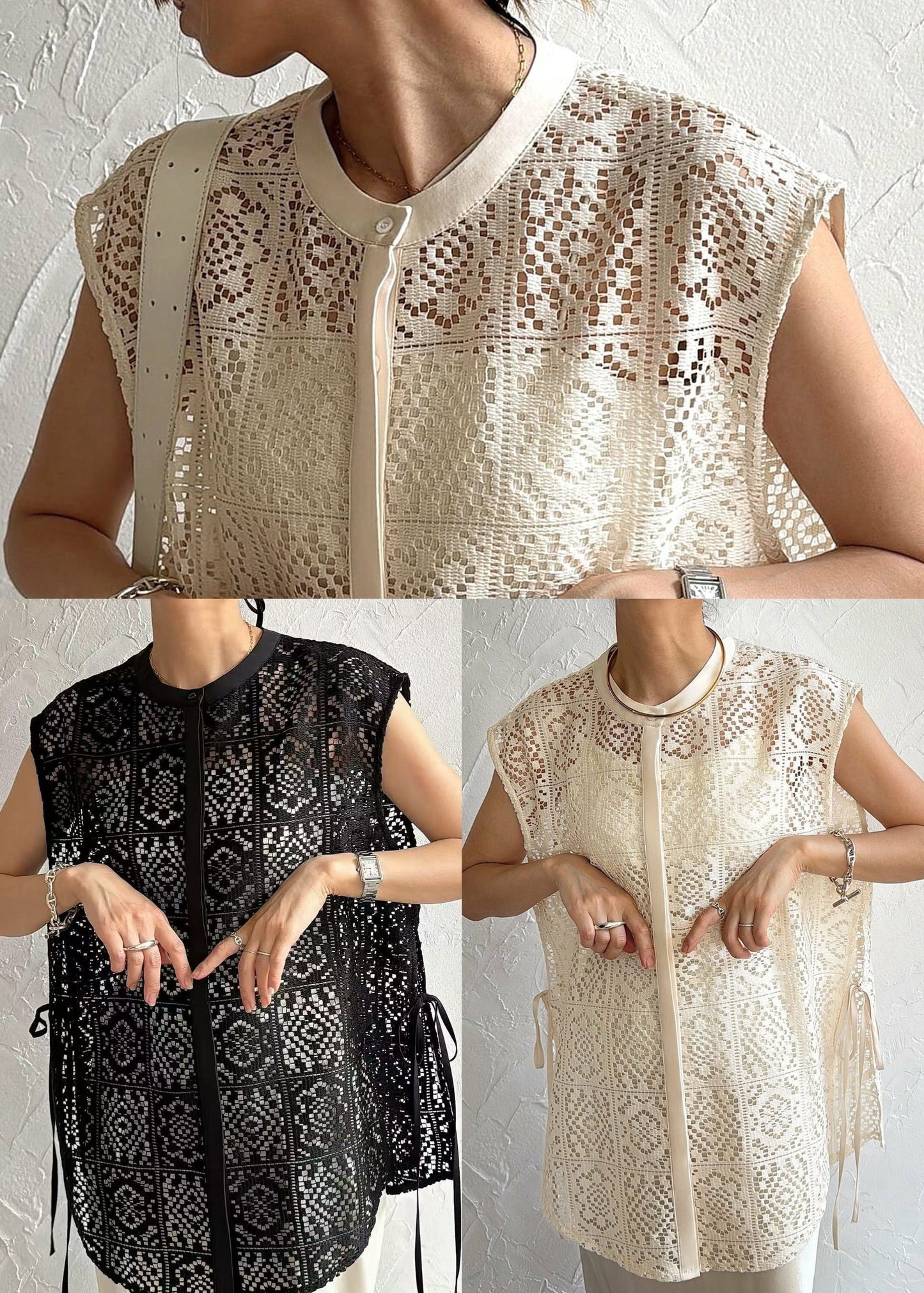 Bohemian Tops Sleeveless Out Lace Hollow Black Oversized
