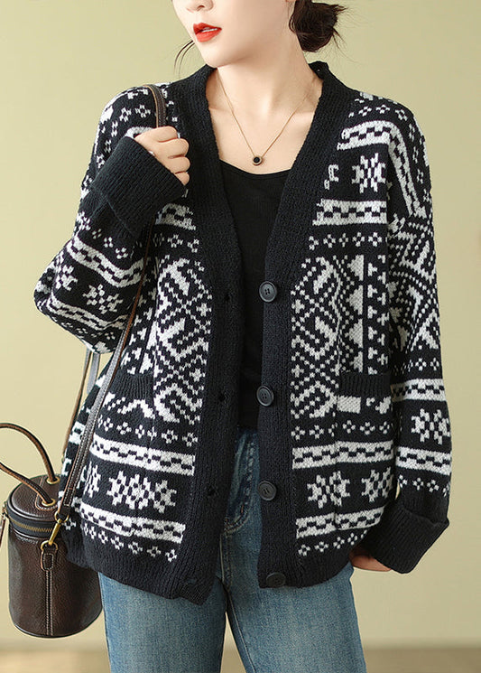 Bohemian Black Oversized Print Knit Cardigan Spring TM006