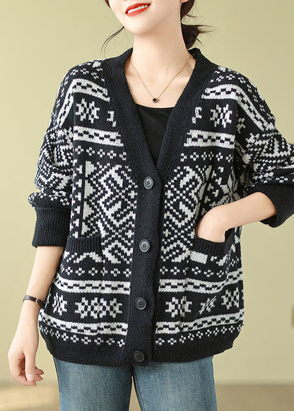 Bohemian Black Oversized Print Knit Cardigan Spring TM006