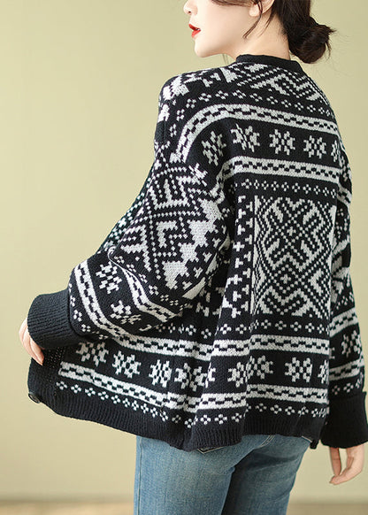 Bohemian Black Oversized Print Knit Cardigan Spring TM006