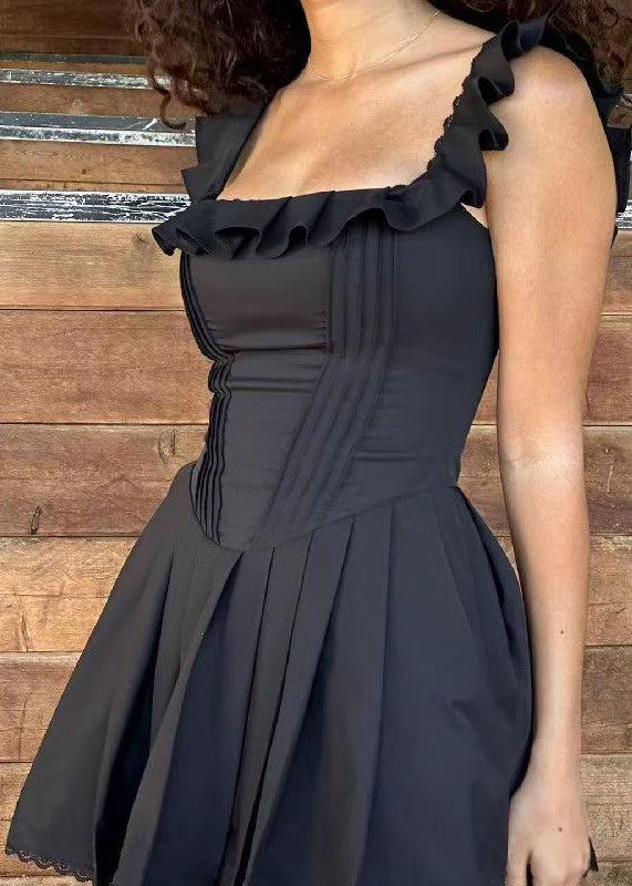 Bohemian Black Ruffled Solid Cotton Mid Dress Sleeveless YT007